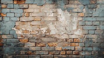 Weathered Blue Painted Brick Wall with Peeling White Plaster and Exposed Orange Bricks Creating Textural Urban Decay Background photo