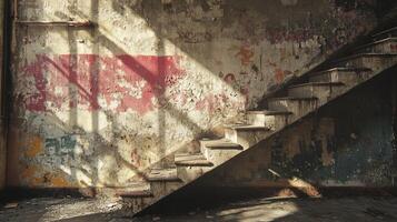 Dilapidated Staircase in Abandoned Building with Sunlight Casting Shadows on Weathered Wall with Faded Red Graffiti and Peeling Paint photo