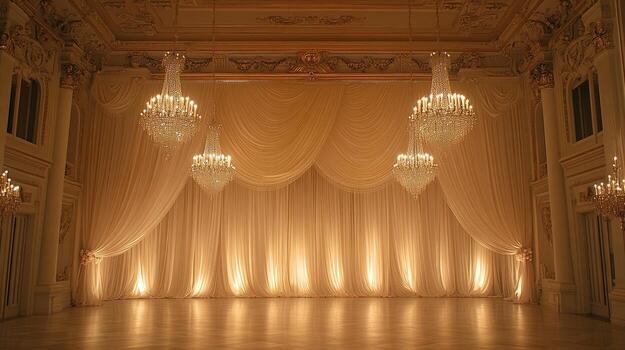 opulento Boda recepción salón presentando florido techo detalles, cristal candelabros y fluido Marfil cortinas con dramático etapa Encendiendo en clásico arquitectura ajuste foto