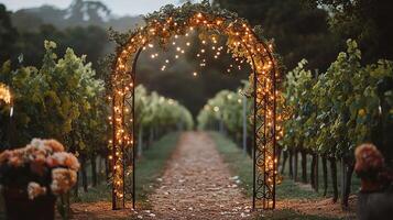 Rustic Vineyard Wedding Arch Decorated with Twinkling String Lights and Climbing Vines at Dusk photo