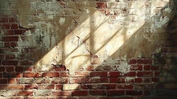 Distressed Red Brick Texture with Weathered Stucco and Dramatic Natural Light Casting Shadows Across the Surface photo