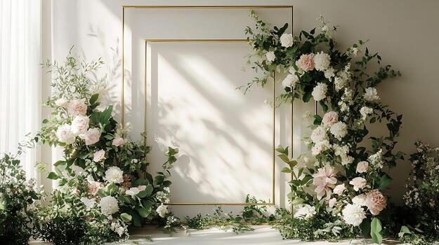 minimalista Boda fondo con oro geométrico marcos, suave sonrojo flores, y natural ligero en elegante interior ajuste foto