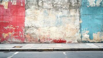 Weathered Urban Street Wall with Distressed Red, White and Blue Paint Sections. Abstract Grunge Texture Above Concrete Sidewalk and Asphalt Road photo