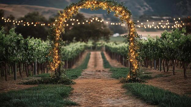Romantic View of a Tranquil Vineyard Path Surrounded by Lush Green Vines and Soft Glow of Evening Lights photo