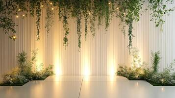 Elegant Minimalist Wedding Backdrop with Hanging Greenery, Ambient Uplighting, and White Floral Arrangements on a Soft Draped Curtain Wall photo