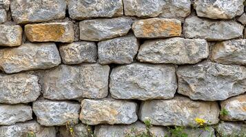 Ancient Mediterranean Stone Wall with Weathered Limestone Blocks Displaying Natural Gray and Golden Mineral Deposits with Spring Wildflowers Growing at Base photo