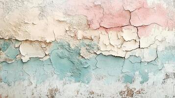 Textured Peeling Wall with Cracked Stucco in Soft Pastel Tones of Pink, Blue, and Cream. Vintage Grunge Surface Background photo