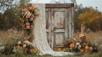 Rustic Vintage Door Photography Backdrop with Cascading Autumn Floral Arrangement, White Lace Drapery and Weathered Wood in Golden Prairie Field Setting photo
