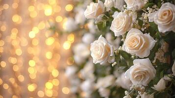 Close-Up of Elegant White Roses and Baby's Breath with Green Leaves, Set Against a Warm Golden Bokeh Background photo