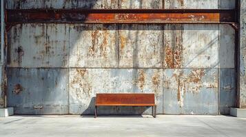 Minimalist Urban Scene with Rusty Metal Bench Against Weathered Industrial Steel Wall with Oxidation Patterns and Strong Sunlight photo