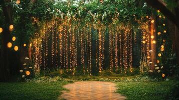 Magical Outdoor Wedding Ceremony Backdrop with Cascading Warm Fairy Light Curtain, Natural Tree Canopy, Lush Greenery, White Wildflowers and Herringbone Brick Pathway in Twilight Forest Setting photo