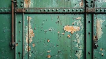 Close-Up of Weathered Industrial Metal Wall with Green Paint Peeling Off, Rust Stains, and Rows of Rivets and Structural Beams photo