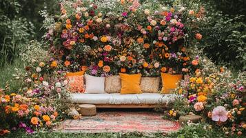Luxurious Outdoor Wedding Lounge Area with Rustic Wooden Bench, Decorative Pillows, and Spectacular Floral Wall Installation Featuring Roses, Dahlias, and Wildflowers in Vibrant Summer Colors photo