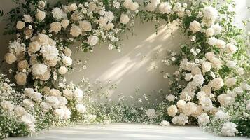 Sophisticated White Rose Archway with Greenery and Delicate Florals Against Neutral Wall for Wedding Photography or Luxury Event Background photo
