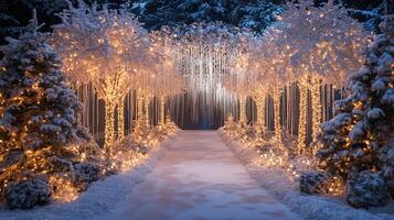 Fairytale Winter Wonderland Wedding Pathway Adorned with Snowy Trees and Cascading Warm White String Lights photo