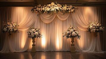 Luxury Wedding Ceremony Backdrop with Elegant Ivory Drapery, Dramatic Floral Arrangements, and Warm Ambient Lighting photo