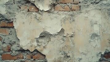 Detailed Close-Up of a Damaged Wall with Chipped Paint Layers and Exposed Masonry photo