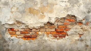 Old Cracked Wall with Faded Paint and Crumbling Plaster Revealing Brick Structure Beneath photo