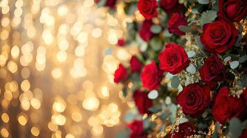 Elegant Red Rose Floral Arrangement with Eucalyptus and Golden Accents Against Dreamy Bokeh Light Background photo