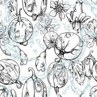 Gooseberry Currant berries flying in water splash, green leaves and dew drops, ripe garden juneberry casseille jostaberry. Isolated seamless pattern hand drawn in ink. Fabric, wrapping paper vector