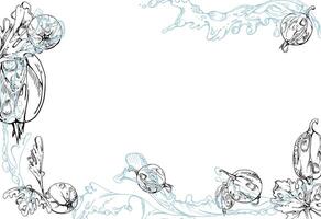 Gooseberry Currant berries flying in water splash with green leaves, dew drops, ripe garden juneberry casseille jostaberry hand drawn in ink. Isolated border corner frame. Menu, farmers market vector