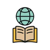 Book with world globe icon reflects knowledge sharing and global understanding ideal for cross-cultural education and knowledge dissemination vector