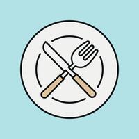 Fork knife and plate icon set symbolizes mealtime setup used in culinary illustrations and food service branding vector