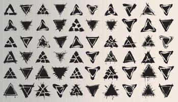 Black grunge strokes in the shape of triangles. Set of 60 pcs. vector