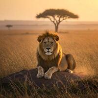 A lion is sitting on a rock in the middle of a field photo