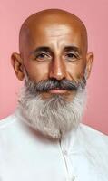 Introspective portrait of a bald man with a graying beard against a soft pink backdrop photo