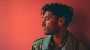 Brooding glance of a contemplative man with a military jacket against a vibrant crimson backdrop photo
