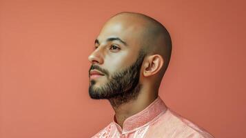 Bald man gazes thoughtfully in profile against a vibrant peach backdrop with confident pose photo