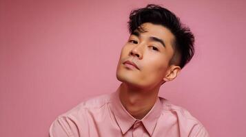 Contemplative asian man with style posing thoughtfully against a simple pink backdrop photo