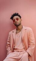 Stylish millennial man in monochrome peach ensemble exudes effortless cool against muted backdrop photo