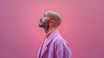 Bald man in pink with eyes closed enjoys a moment of calm and contemplation photo