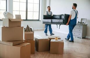 Holding, heavy ,sofa. Two moving service ,employees in a room photo
