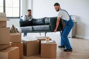 Holding heavy sofa. Two, moving ,service, employees in a room photo