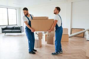 One big heavy box. Two moving service employees in a room photo