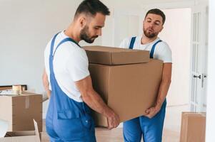 One, big heavy box. Two moving service employees in a room photo