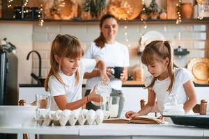 Learning how, to prepare food. Mother with her little two daughters is on the kitchen with garlands photo
