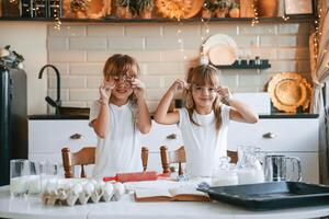 Holding ,forms for the best rolled sugar cookies. Two little girls are preparing food on the kitchen with garlands photo
