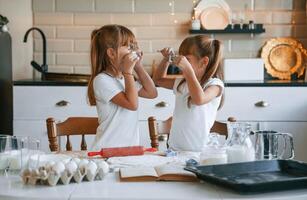 Smiling, playful, mood. Two little girls are preparing food on the kitchen with garlands photo