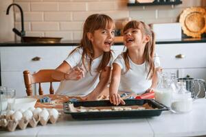Smiling,, playful mood. Two little girls are preparing food on the kitchen with garlands photo