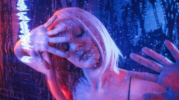 Trapped,, inside, with hands on surface. Stylish woman with white hair is behind wet transparent plastic sheet photo