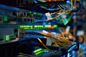 Blue and yellow wires. Close up ,,view of hardware in the server room photo