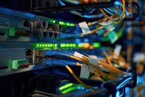 Blue and yellow wires. Close,, up view of hardware in the server room photo