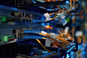 Blue and yellow wires. Close up view ,,of hardware in the server room photo
