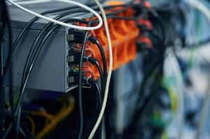 Close up view of hardware and wires in the server room photo