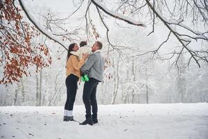 Happy family, of man, woman and little son is on the winter meadow and forest photo