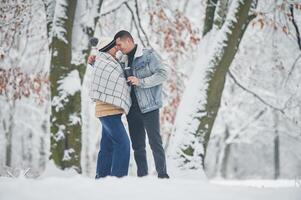 Beautiful, nature., Couple are standing in the winter forest photo